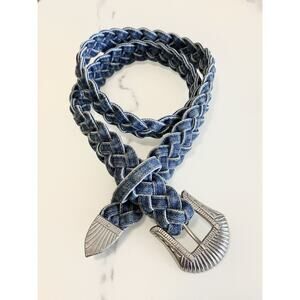 Vintage Braided Blue Denim Belt Silver Western Etched Bling Buckle Handmade USA